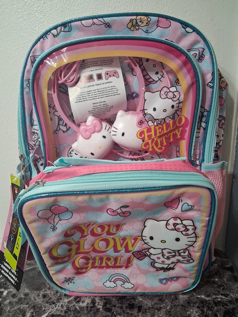 NWT'S Hello Kitty Kids 17" 4 Piece Backpack Set in Pink & Teal - You Glow Girl